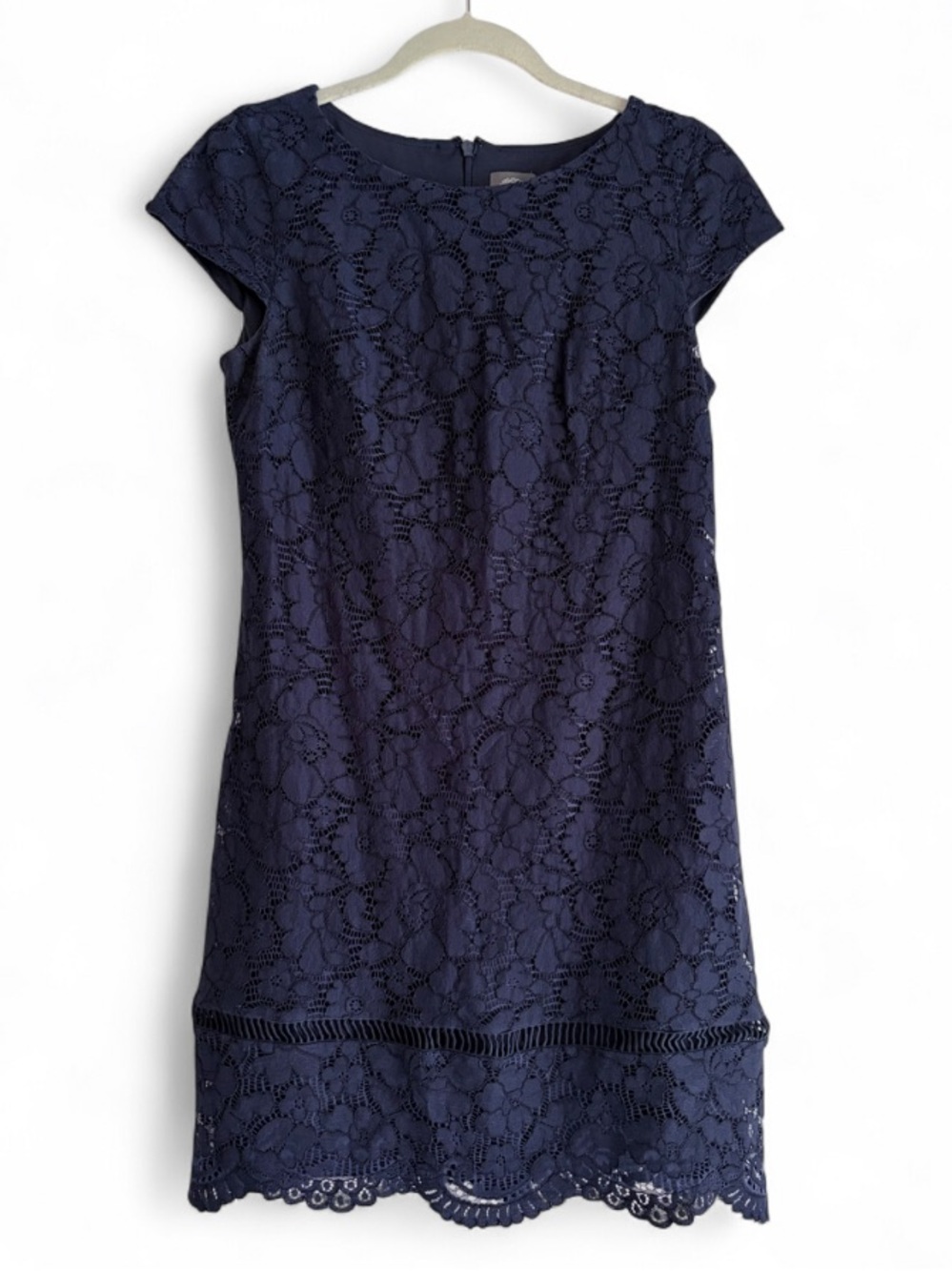 Vince Camuto Navy Blue Floral Lace Overlay Cap Sleeve Sheath Dress Size 6